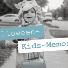 Titel "Halloween-Kids-Memory" mit Bild von einem Kleinkind in Haloween-Verkleidung im Hintergrund