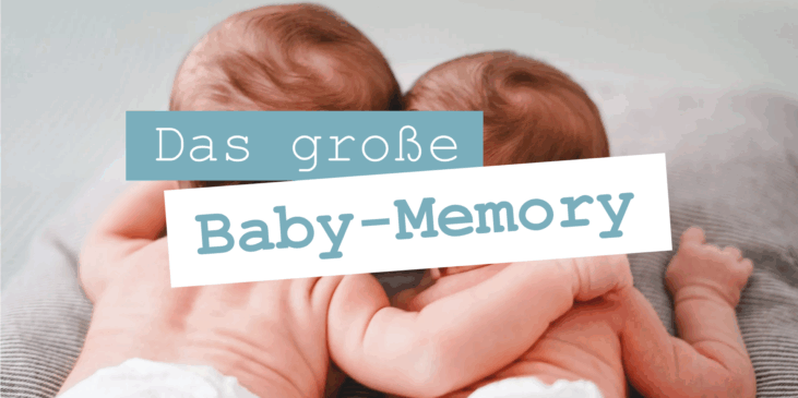 Titel "Das große Baby-Memory" mit einem Bild von Baby-Zwillingen im Hintergrund