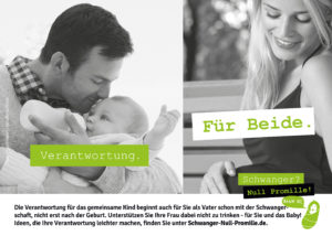 Bild von einem Vater der sein Baby stillt neben dem Bild einer schwangeren Frau, dazu der Spruch "Verantwortung. Für Beide."