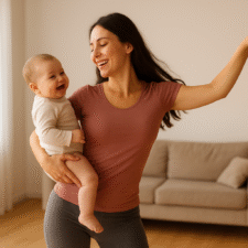 Tanzen mit Baby - Nähe, Bindung, Sprachentwicklung Sofa im Hintergrund, Frau in legerer Kleidung mit Baby auf dem Arm beim tanzen, beide lächelnd
